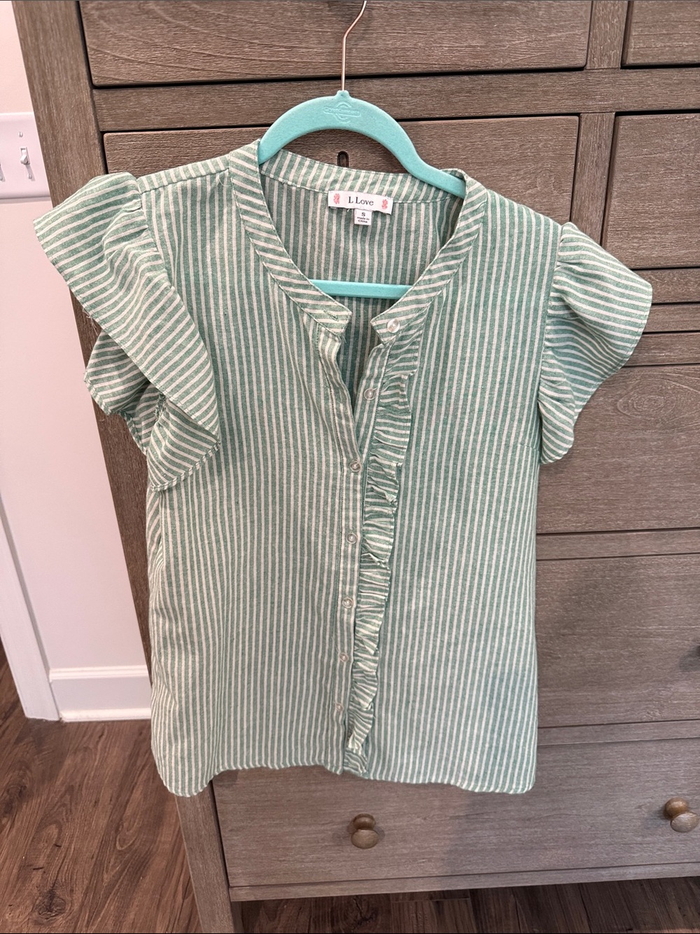 L Love Green and White Striped Ruffle Front Blouse